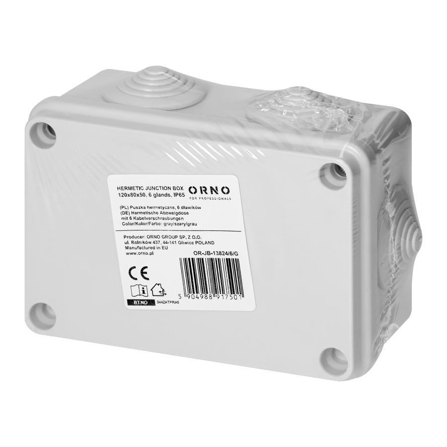 Hermetic junction box 120x80x50, 6 glands, grey, IP65