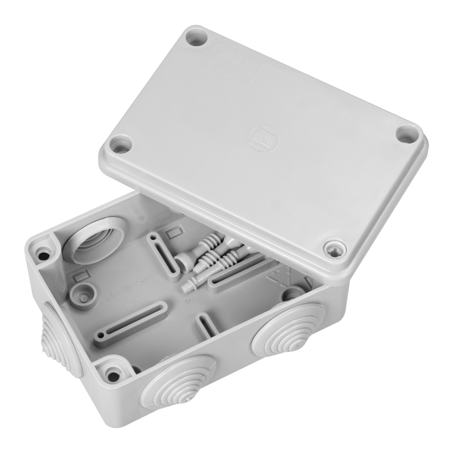Hermetic junction box 120x80x50, 6 glands, grey, IP65