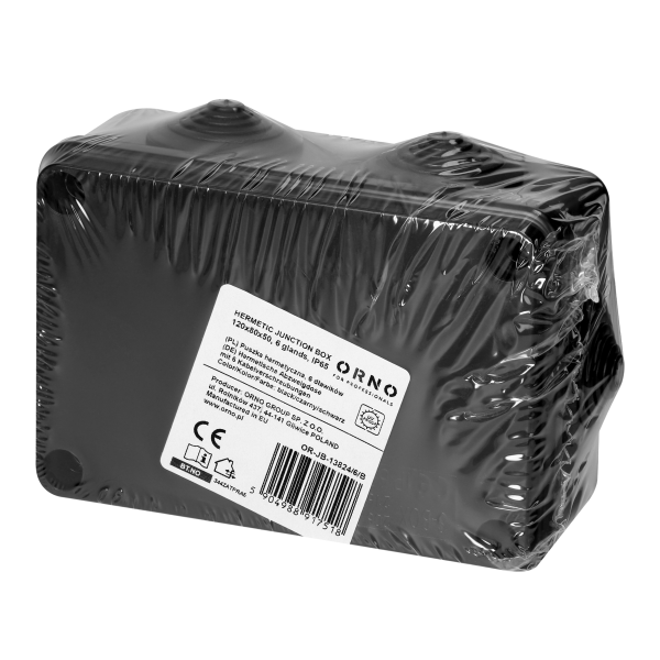 Puszka hermetyczna 120x80x50, 6 dławików, odporna na UV, czarna, IP65