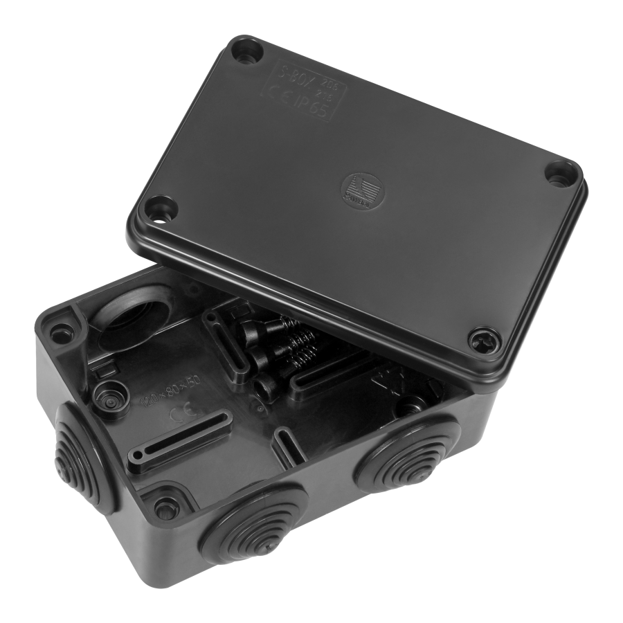 Hermetic junction box 120x80x50, 6 glands, UV resistant, black, IP65