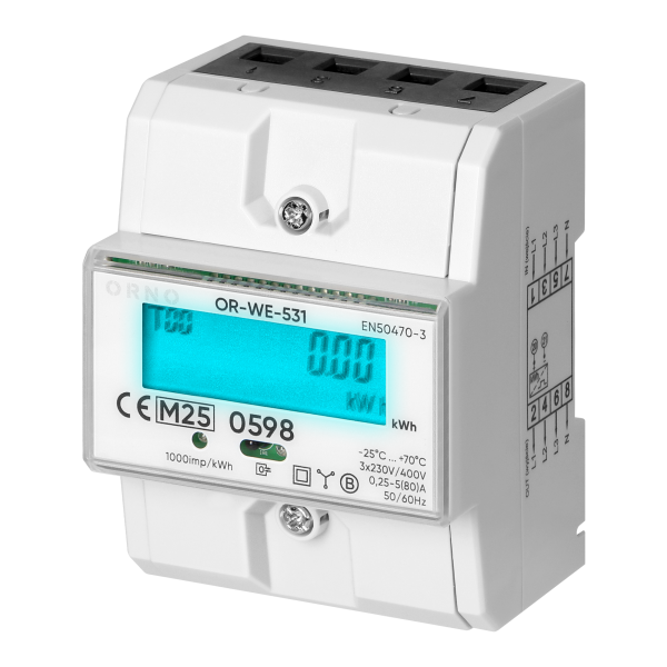 3-phase energy meter with MID, 80A, 4,3 modules, DIN TH-35mm