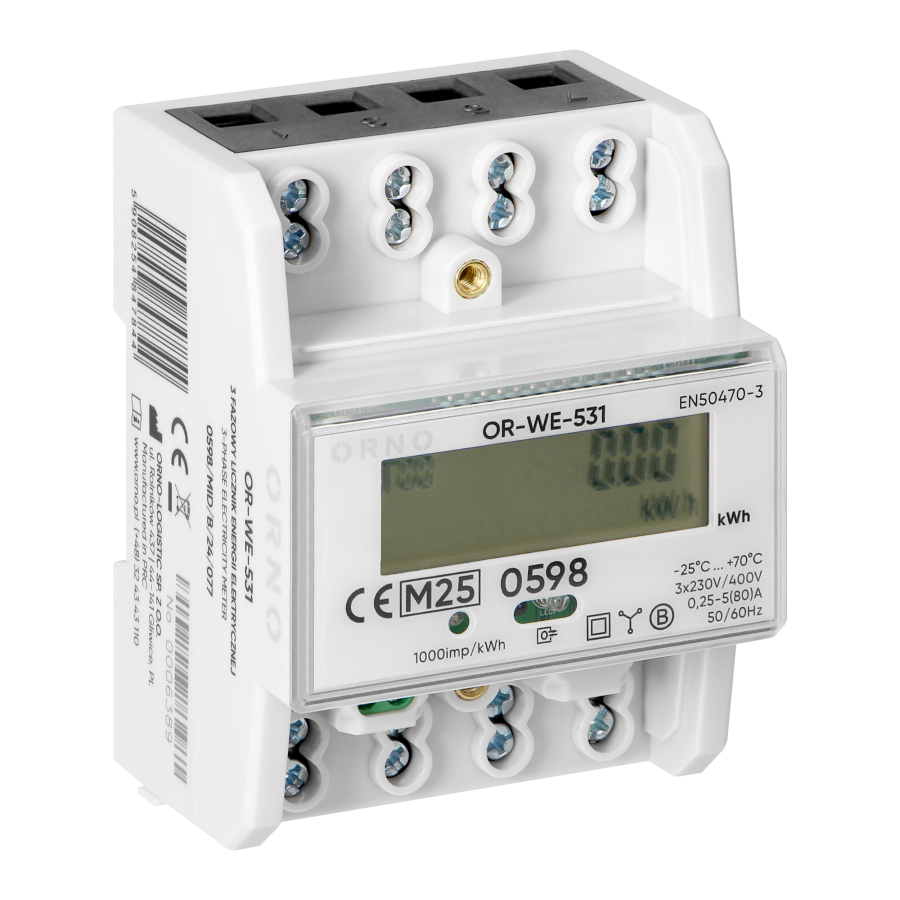 3-fazowy licznik energii elektrycznej, 80A, MID, 4,3 moduły, DIN TH-35mm