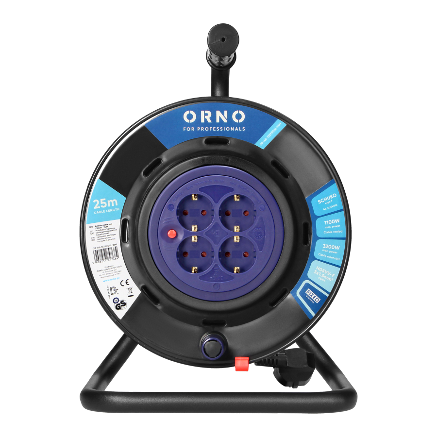 Cable reel with 4 fixed sockets, 2P+E Schuko type, PVC, H05VV-F 3x1.5mm2, 25m, overload protection, safety shutters