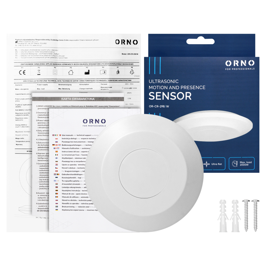 Ultra flat ultrasonic motion and presence sensor, 360°, IP20, 2000W, depth - 2.5cm