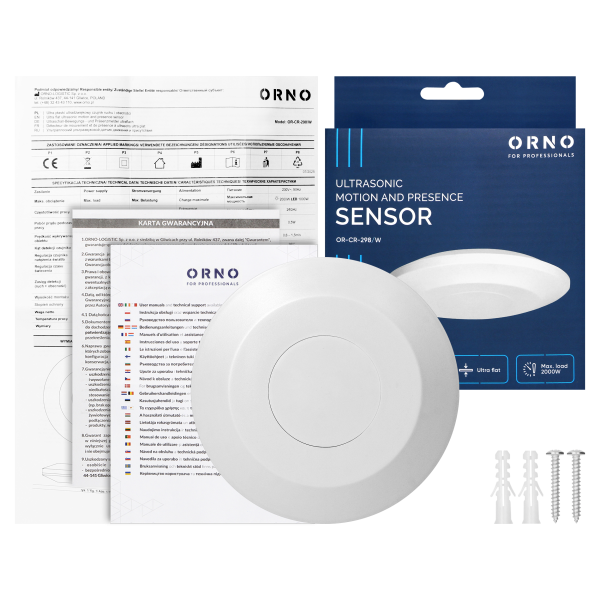 Ultra flat ultrasonic motion and presence sensor, 360°, IP20, 2000W, depth - 2.5cm