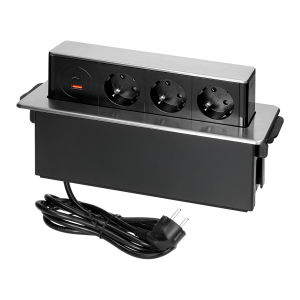 Recessed furniture socket with flat edge, USB charger, 2m cable, 3x2P+E (Schuko), 2xUSB (type A+C; PD20W), 3x1.5mm², INOX