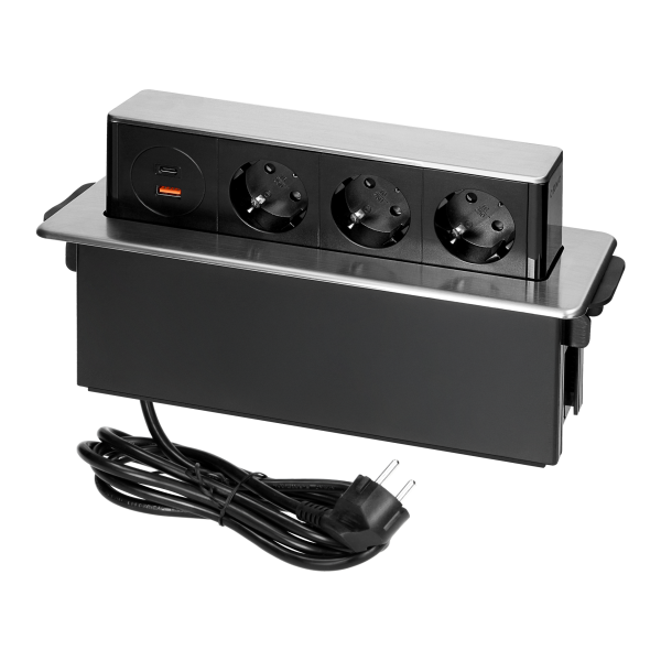 Gniazdo meblowe wysuwane z blatu z płaskim frezowanym rantem, ładowarką USB i przewodem 2m, 3x2P+Z (Schuko), 2 x USB (Typ A+C ; PD20W), 3x1,5mm², INOX
