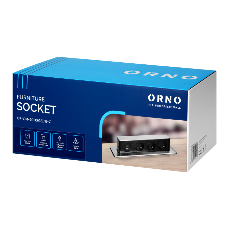 Gniazdo meblowe wysuwane z blatu z płaskim frezowanym rantem, ładowarką USB i przewodem 2m, 3x2P+Z (Schuko), 2 x USB (Typ A+C ; PD20W), 3x1,5mm², INOX