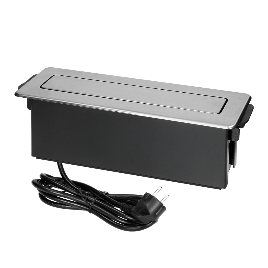 Gniazdo meblowe wysuwane z blatu z płaskim frezowanym rantem, ładowarką USB i przewodem 2m, 3x2P+Z (Schuko), 2 x USB (Typ A+C ; PD20W), 3x1,5mm², INOX