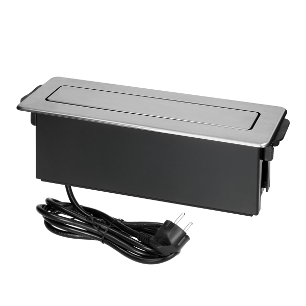 Gniazdo meblowe wysuwane z blatu z płaskim frezowanym rantem, ładowarką USB i przewodem 2m, 3x2P+Z (Schuko), 2 x USB (Typ A+C ; PD20W), 3x1,5mm², INOX
