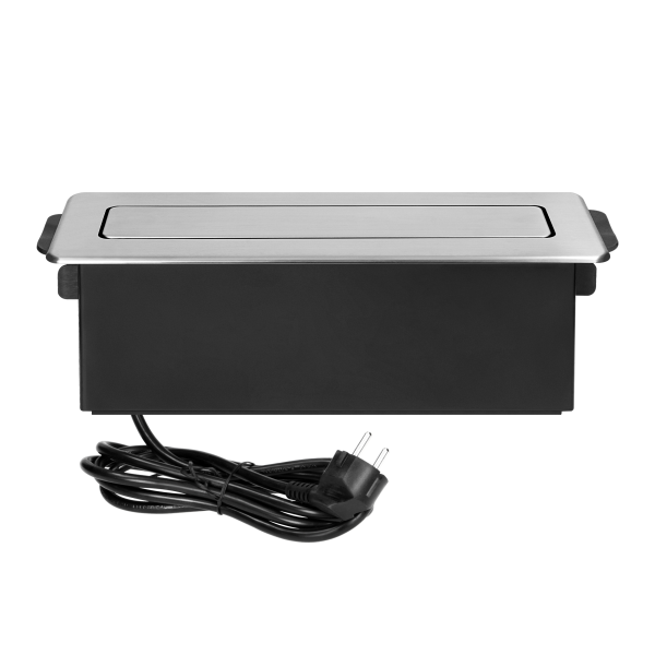 Gniazdo meblowe wysuwane z blatu z płaskim frezowanym rantem, ładowarką USB i przewodem 2m, 3x2P+Z (Schuko), 2 x USB (Typ A+C ; PD20W), 3x1,5mm², INOX