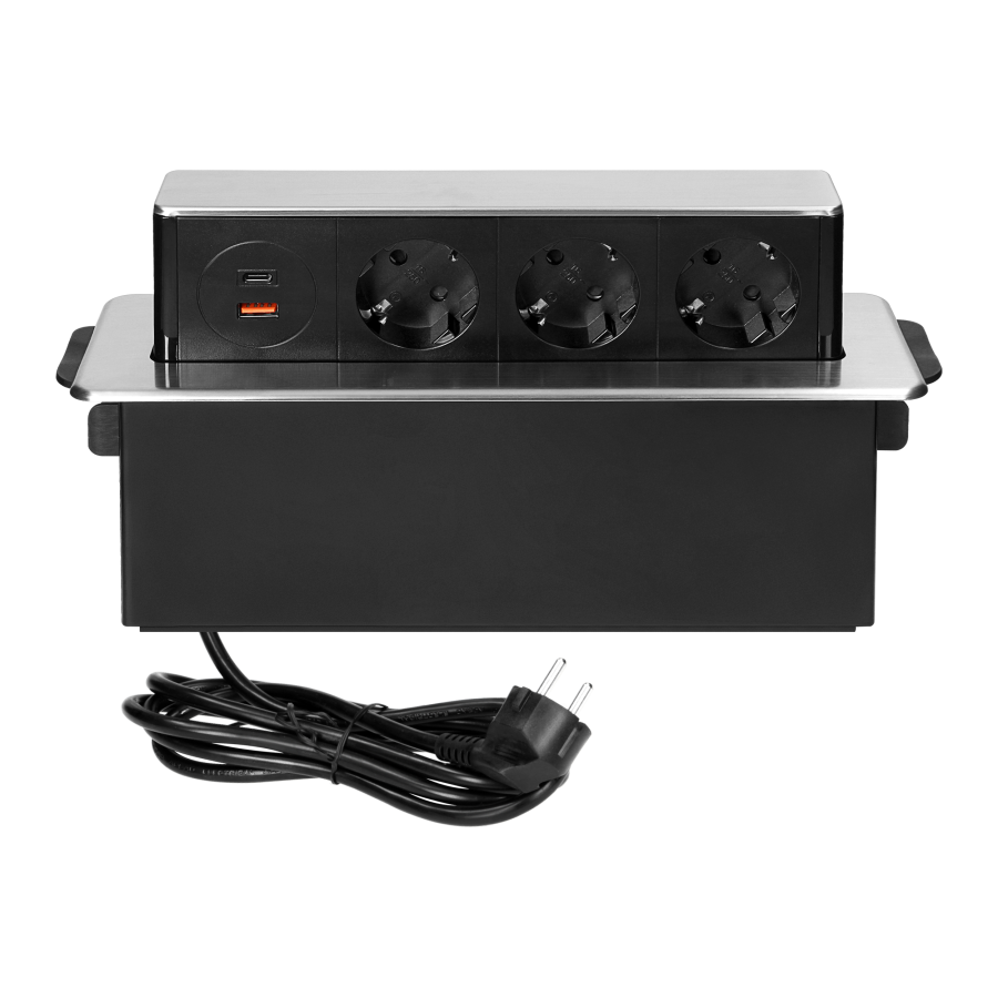 Gniazdo meblowe wysuwane z blatu z płaskim frezowanym rantem, ładowarką USB i przewodem 2m, 3x2P+Z (Schuko), 2 x USB (Typ A+C ; PD20W), 3x1,5mm², INOX