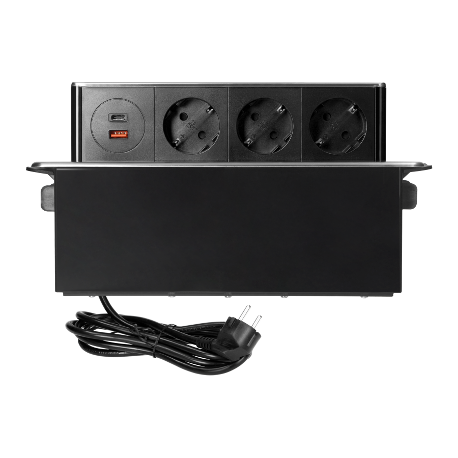 Gniazdo meblowe wysuwane z blatu z płaskim frezowanym rantem, ładowarką USB i przewodem 2m, 3x2P+Z (Schuko), 2 x USB (Typ A+C ; PD20W), 3x1,5mm², INOX