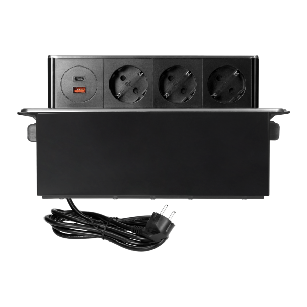 Gniazdo meblowe wysuwane z blatu z płaskim frezowanym rantem, ładowarką USB i przewodem 2m, 3x2P+Z (Schuko), 2 x USB (Typ A+C ; PD20W), 3x1,5mm², INOX
