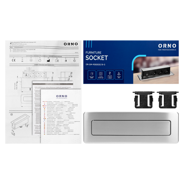 Gniazdo meblowe wysuwane z blatu z płaskim frezowanym rantem, ładowarką USB i przewodem 2m, 3x2P+Z (Schuko), 2 x USB (Typ A+C ; PD20W), 3x1,5mm², INOX