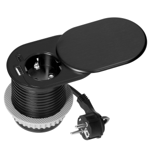 Furniture socket with USB charger and sliding cover, 1.9m cable, 1x2P+E (Schuko), 2xUSB (type A+C; PD20W), black
