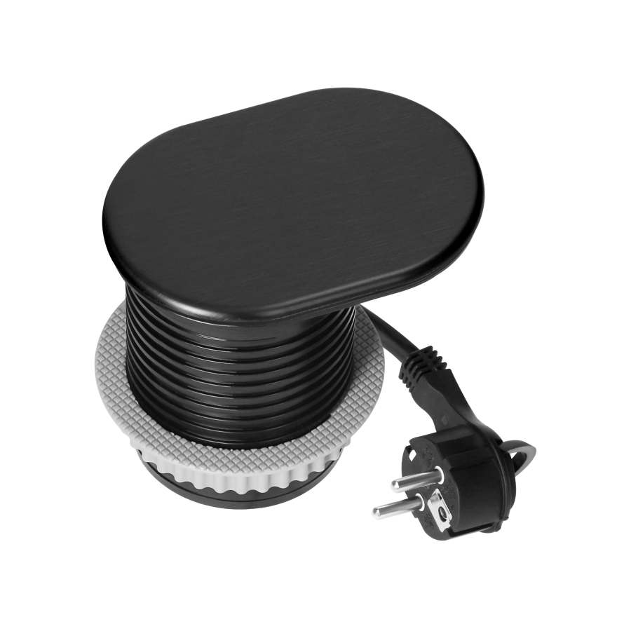 Gniazdo meblowe Ø6cm, wpuszczane w blat z przesuwną pokrywką, ładowarką USB i przewodem 1,9m, 1x2P+Z (Schuko), 2xUSB (typ A+C; PD20W), czarne