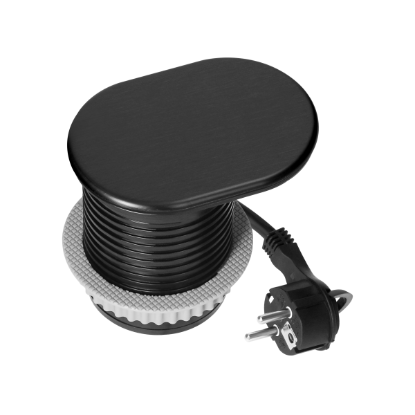 Furniture socket with USB charger and sliding cover, 1.9m cable, 1x2P+E (Schuko), 2xUSB (type A+C; PD20W), black