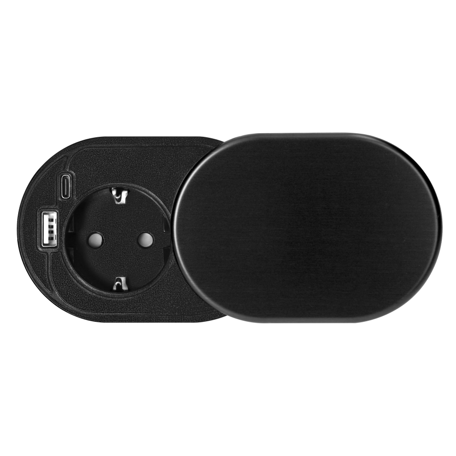 Furniture socket with USB charger and sliding cover, 1.9m cable, 1x2P+E (Schuko), 2xUSB (type A+C; PD20W), black