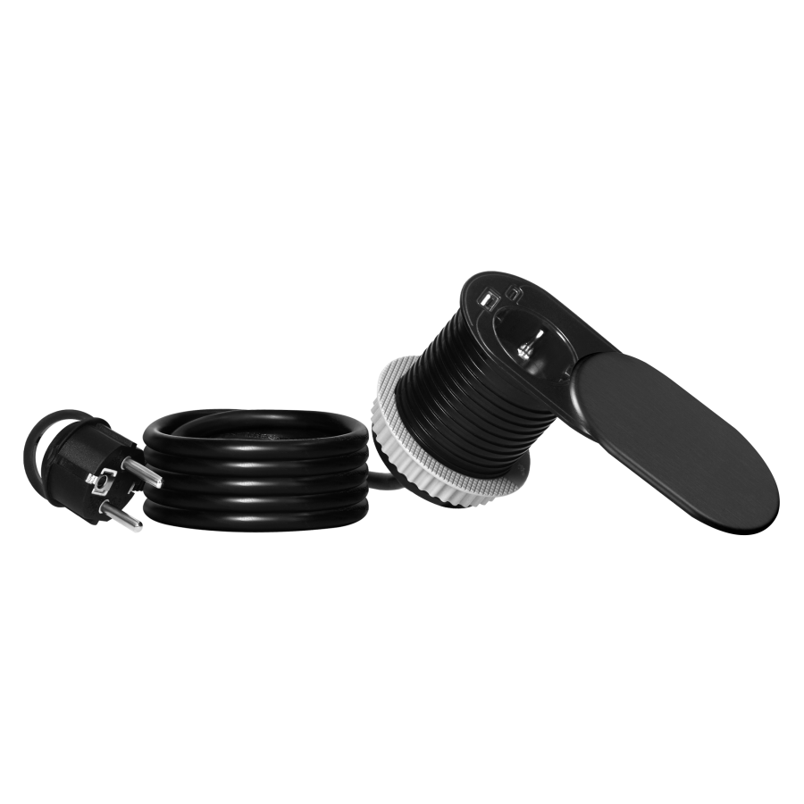 Gniazdo meblowe Ø6cm, wpuszczane w blat z przesuwną pokrywką, ładowarką USB i przewodem 1,9m, 1x2P+Z (Schuko), 2xUSB (typ A+C; PD20W), czarne