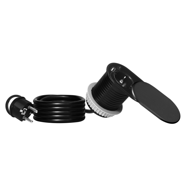 Furniture socket with USB charger and sliding cover, 1.9m cable, 1x2P+E (Schuko), 2xUSB (type A+C; PD20W), black