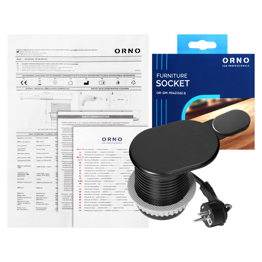 Gniazdo meblowe Ø6cm, wpuszczane w blat z przesuwną pokrywką, ładowarką USB i przewodem 1,9m, 1x2P+Z (Schuko), 2xUSB (typ A+C; PD20W), czarne