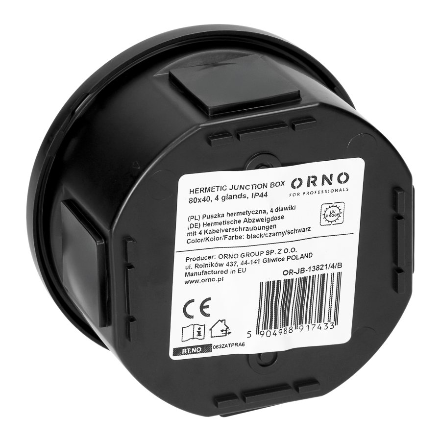 Hermetic junction box 80x40, 4 glands,  UV resistant, black, IP44