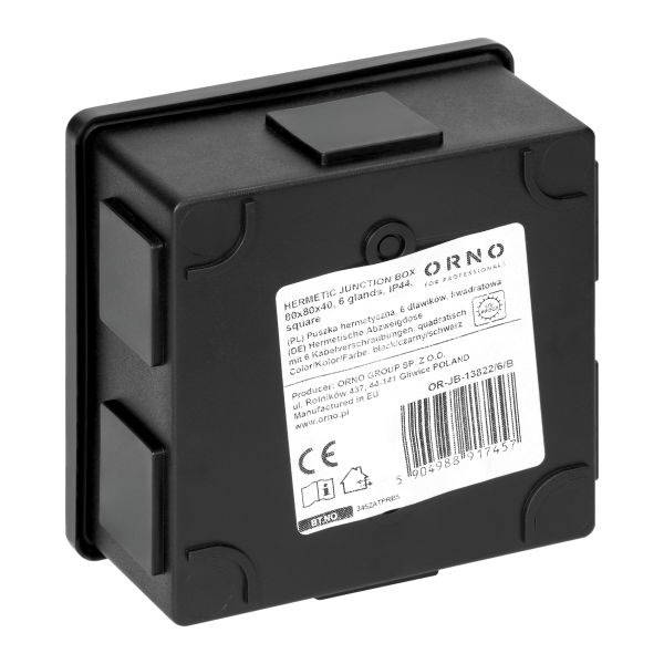 Hermetic junction box 80x80x40, 6 glands, square,  UV resistant, black, IP44