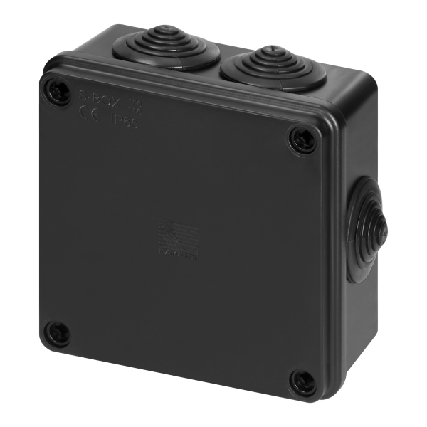 Hermetic junction box 100x100x50, 6 glands, UV resistant, black, IP65