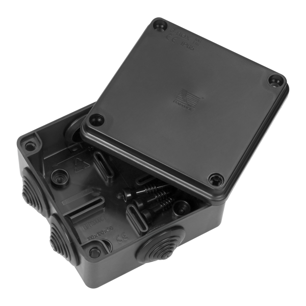 Hermetic junction box 100x100x50, 6 glands, UV resistant, black, IP65
