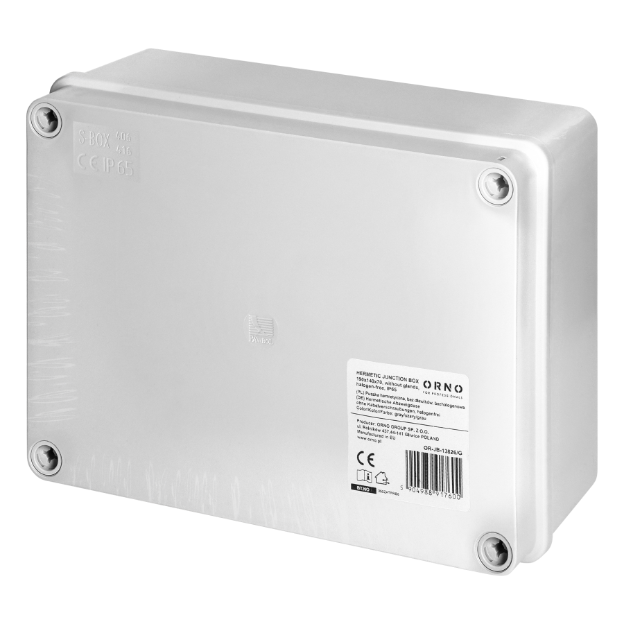 Hermetic junction box 190x140x70, without glands, grey, halogen-free, IP65