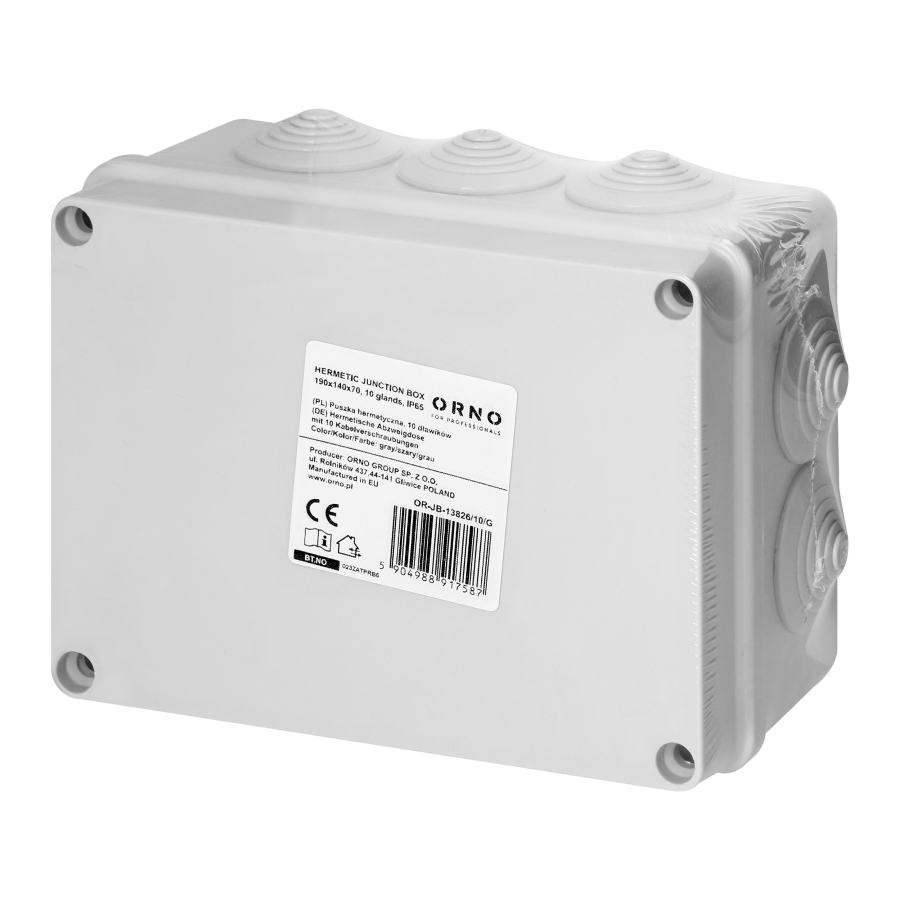 Hermetic junction box 190x140x70, 10 glands, grey, IP65