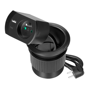 Furniture socket with USB charger, cable grommet and 1.4m cable, 1x2P+E (French), 2xUSB (A+C type; PD20W), black