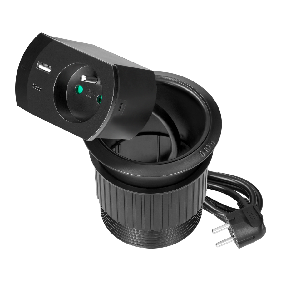 Furniture socket with USB charger, cable grommet and 1.4m cable, 1x2P+E (French), 2xUSB (A+C type; PD20W), black