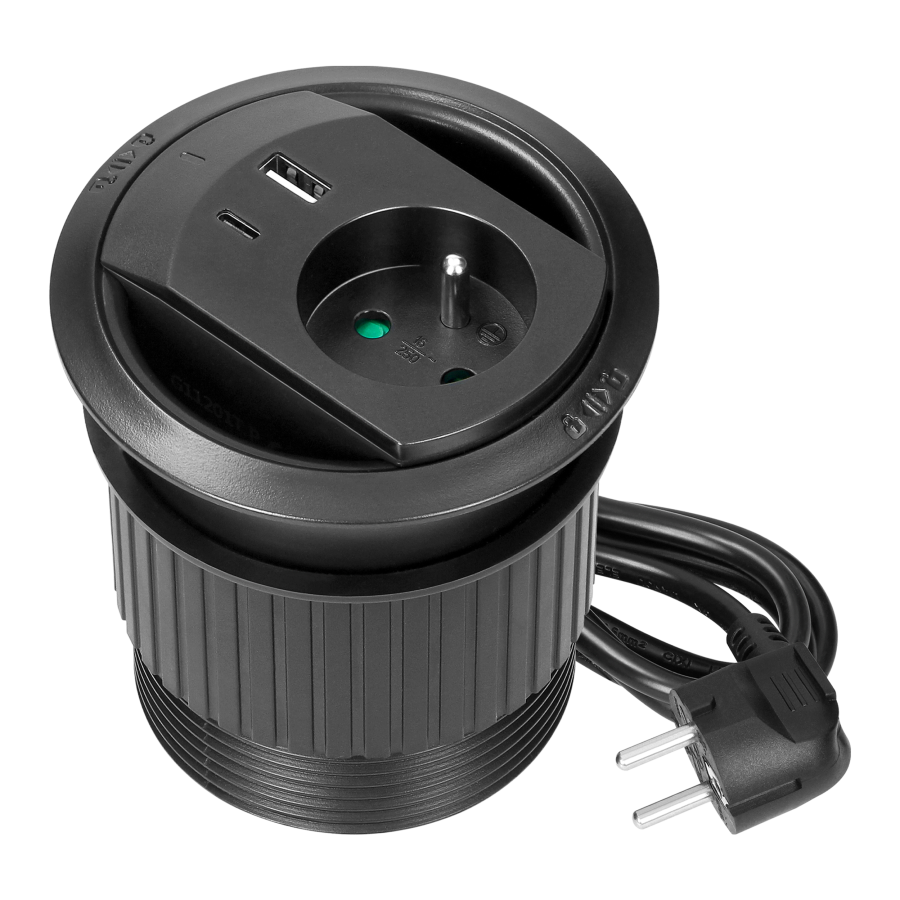 Gniazdo wpuszczane w blat z ładowarką USB, przepustem kablowym, i przewodem 1,4 m, 1x2P+Z (French), 2xUSB (typ A+C; PD20W), czarne