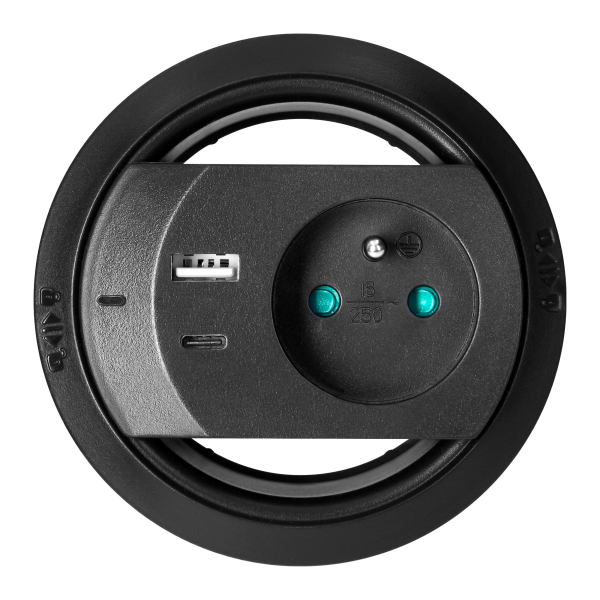 Furniture socket with USB charger, cable grommet and 1.4m cable, 1x2P+E (French), 2xUSB (A+C type; PD20W), black