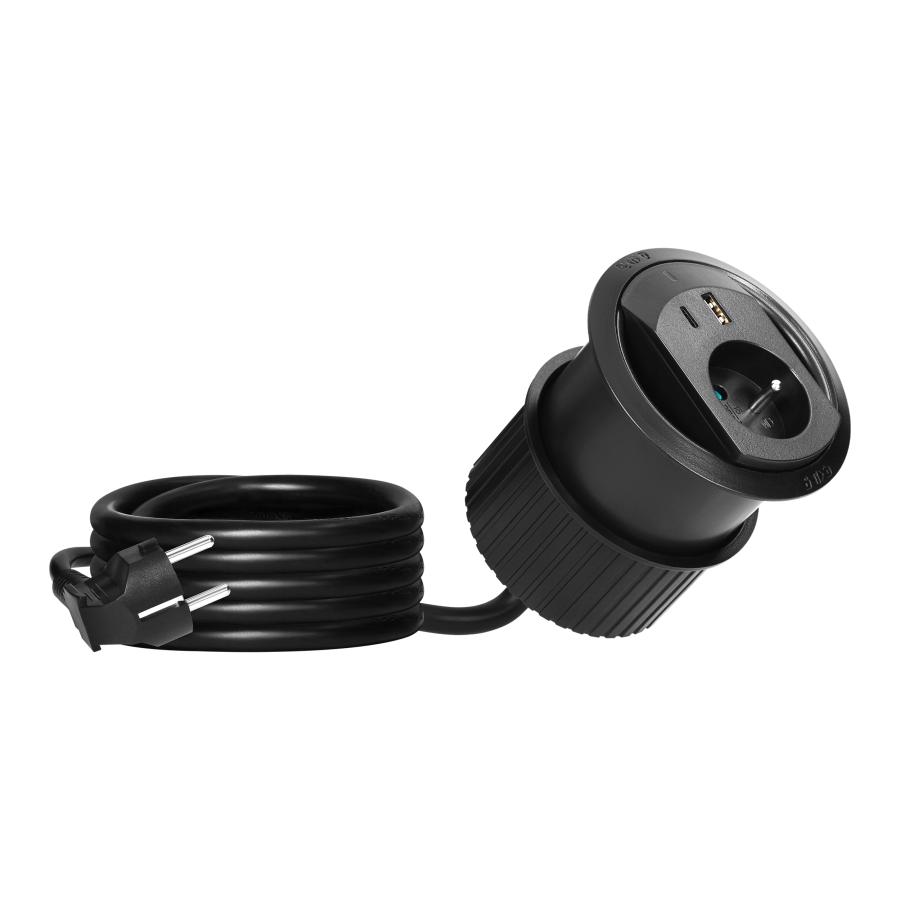 Furniture socket with USB charger, cable grommet and 1.4m cable, 1x2P+E (French), 2xUSB (A+C type; PD20W), black