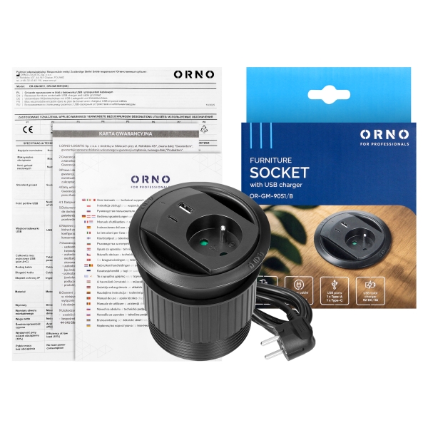 Furniture socket with USB charger, cable grommet and 1.4m cable, 1x2P+E (French), 2xUSB (A+C type; PD20W), black
