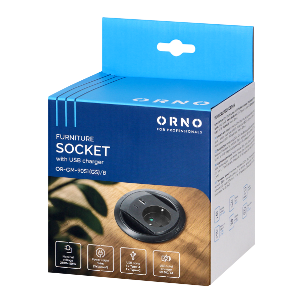 Furniture socket with USB charger, cable grommet and 1.4m cable, 1x2P+E (Schuko), 2xUSB (A+C type; PD20W), black