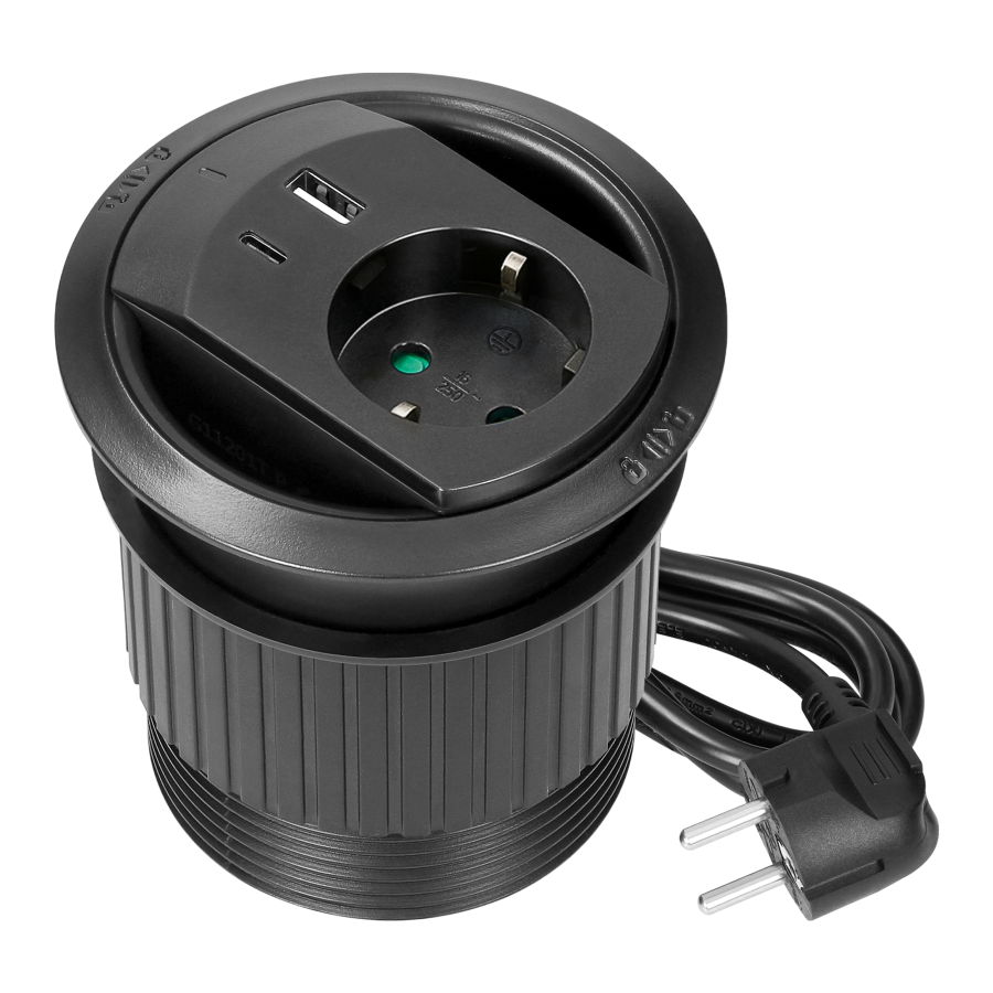 Gniazdo wpuszczane w blat z ładowarką USB, przepustem kablowym, i przewodem 1,4 m, 1x2P+Z (Schuko), 2xUSB (typ A+C; PD20W), czarne
