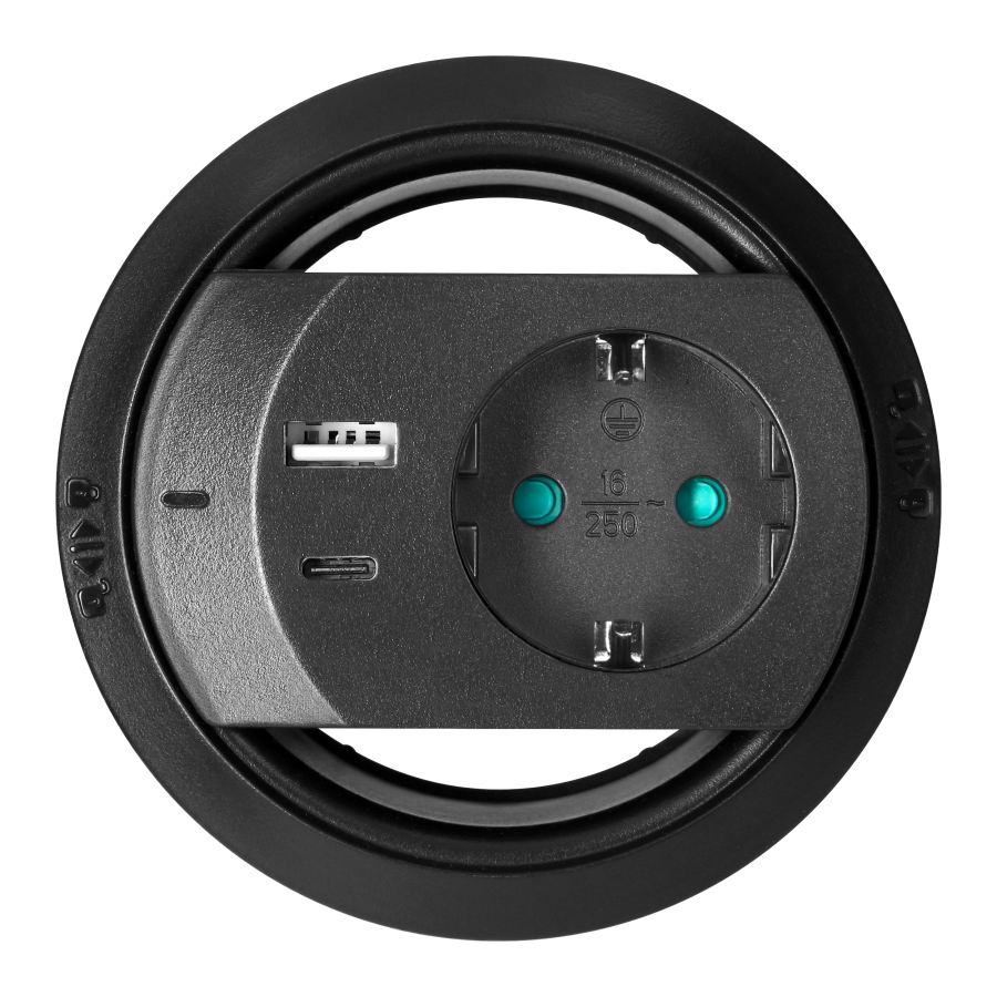 Furniture socket with USB charger, cable grommet and 1.4m cable, 1x2P+E (Schuko), 2xUSB (A+C type; PD20W), black