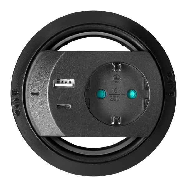 Furniture socket with USB charger, cable grommet and 1.4m cable, 1x2P+E (Schuko), 2xUSB (A+C type; PD20W), black