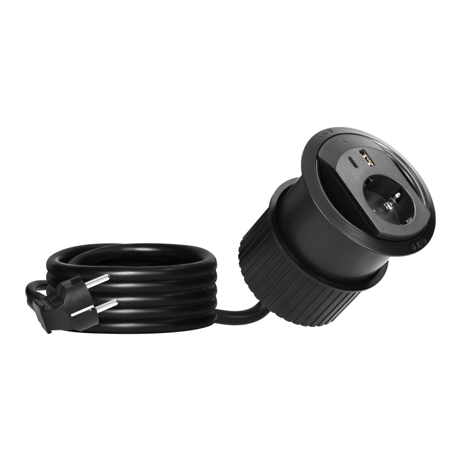 Gniazdo wpuszczane w blat z ładowarką USB, przepustem kablowym, i przewodem 1,4 m, 1x2P+Z (Schuko), 2xUSB (typ A+C; PD20W), czarne