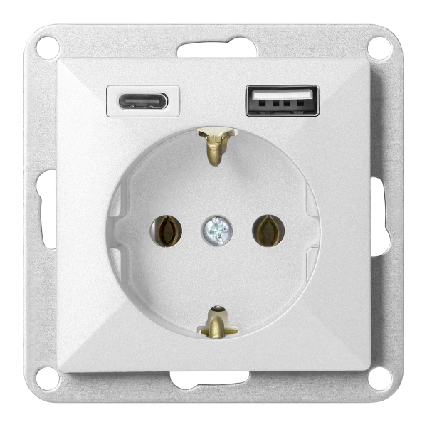 Flush-mounted single socket 2P+E, Schuko, with charger USB A+C Pearl, 16 A, 250 V, PT-17P/USB A+C, white