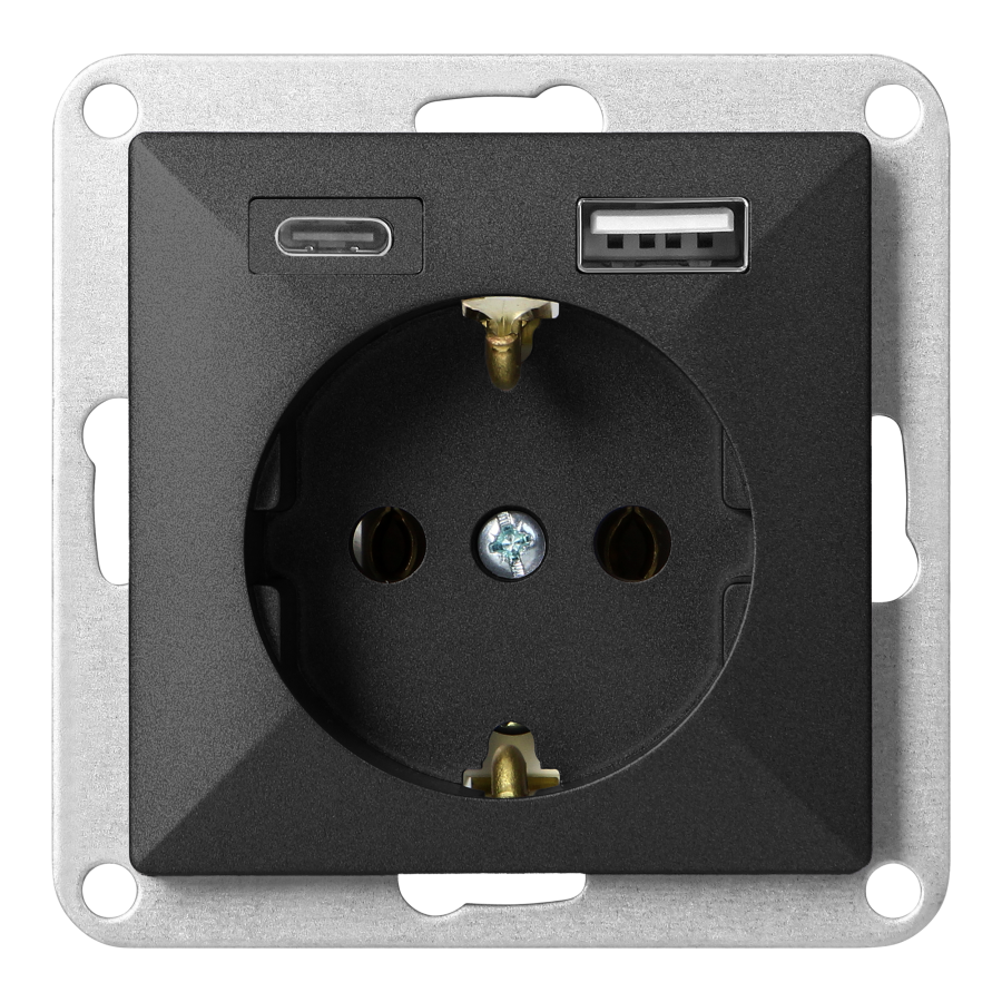 Gniazdo pojedyncze p/t 2P+Z, Schuko, z ładowarką USB A+C Pearl, 16 A, 250 V, PT-17P/USB A+C, czarny