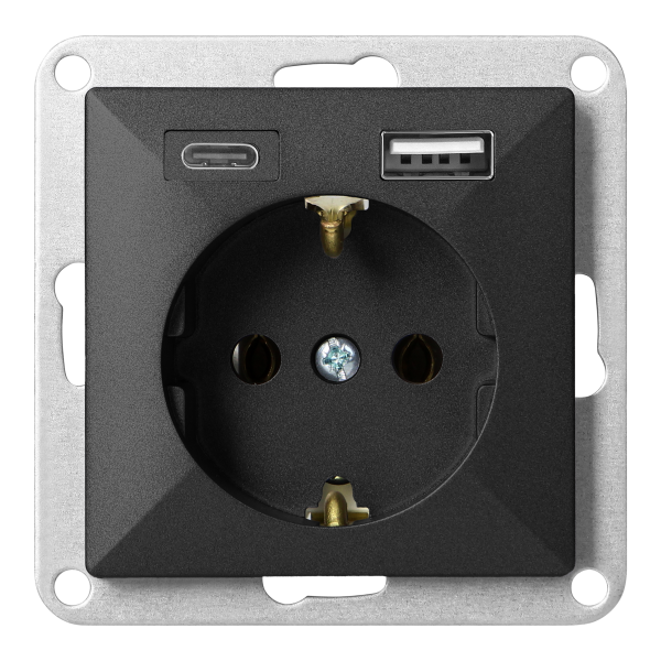 Flush-mounted single socket 2P+E, Schuko, with charger USB A+C Pearl, 16 A, 250 V, PT-17P/USB A+C, black