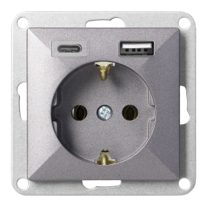 Flush-mounted single socket 2P+E, Schuko, with charger USB A+C Pearl, 16 A, 250 V,  PT-17P/USB A+C, anthracite