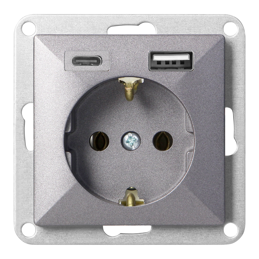 Gniazdo pojedyncze p/t 2P+Z, Schuko, z ładowarką USB A+C Pearl, 16 A, 250 V, PT-17P/USB A+C, antracyt