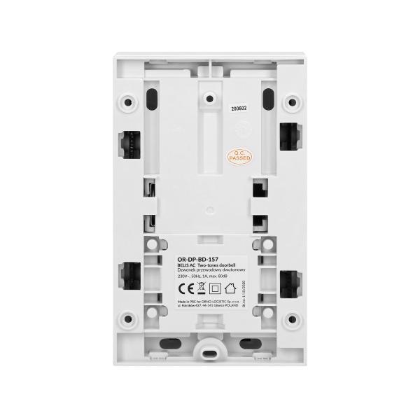 Dzwonek elektromechaniczny dwutonowy z wbudowanym transformatorem, BELIS 230V - 8V, biały