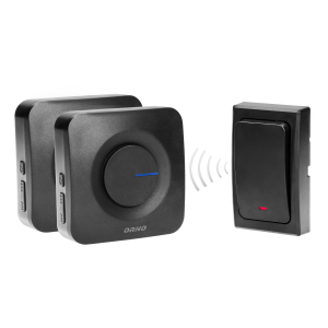 Dzwonek bezprzewodowy ONDO 2 AC, sieciowy, z 2 odbiornikami 1 przyciskiem bezbateryjnym, learning system, 36 dźwięków, 200m, czarny